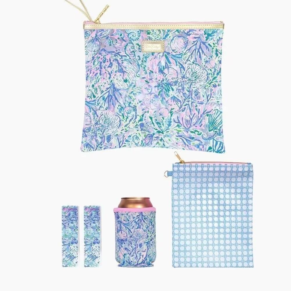 Lilly Pulitzer Soleil It On Me Beach Day Pouch Drink Hugger Coozie Towel Clips